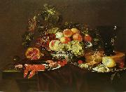 Joris van Son Crustaces  huitre et coupe de fruits avec un verre USA oil painting artist